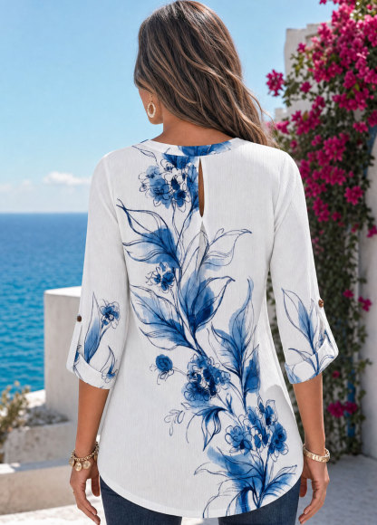 Watercolor Blue Floral Henley V‑Neck Roll‑Up 3/4 Sleeve Top