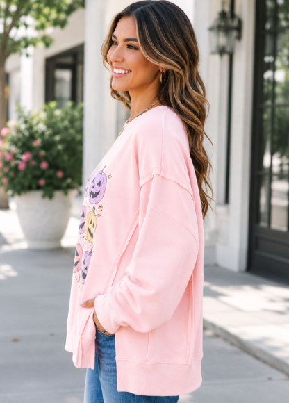 Colorful Pumpkin Bucket Graphic Oversized Sweatshirt