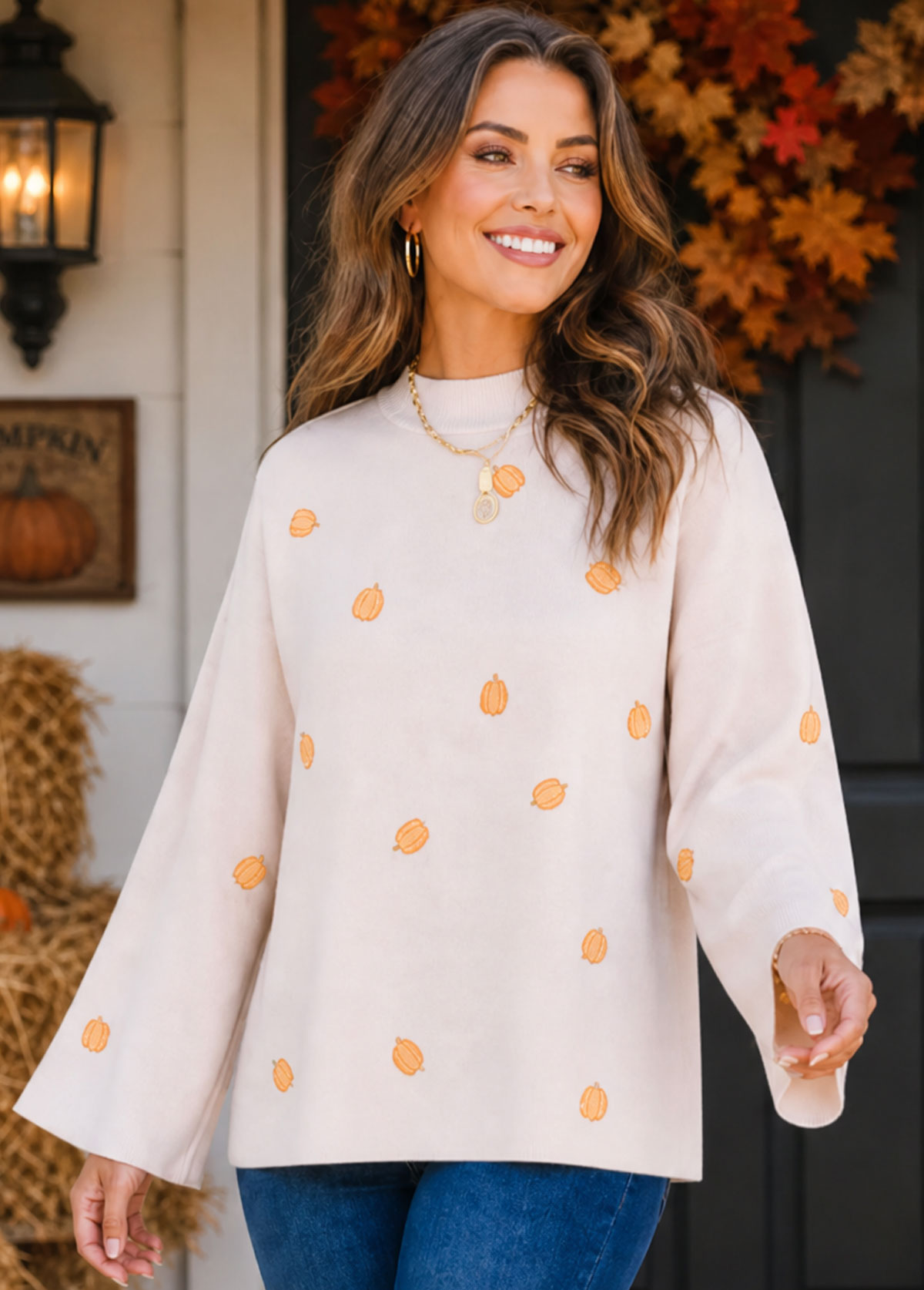 Women Fall Pumpkin Embroidered Mock Neck Wide Sleeve Knit Sweater