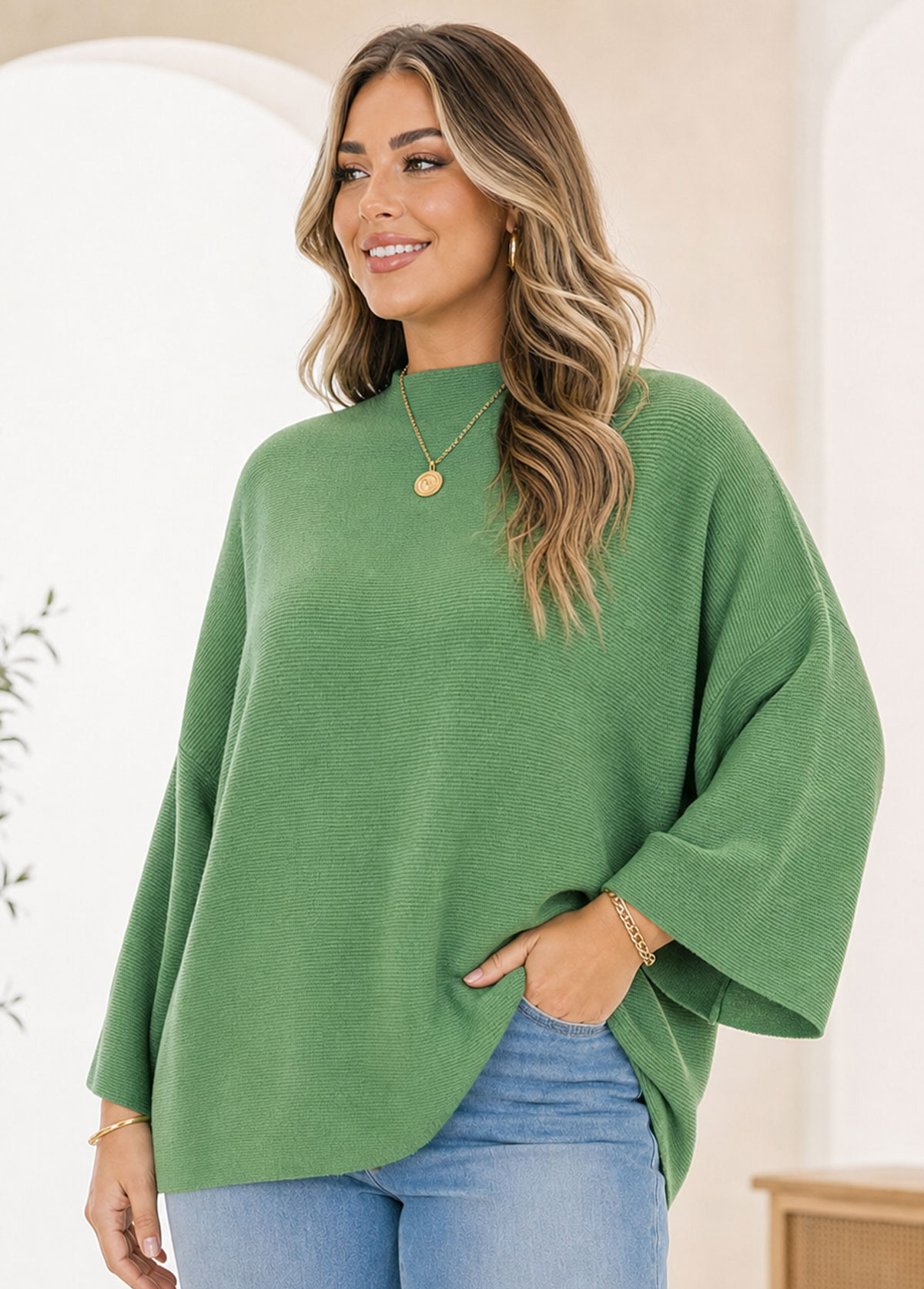 Women Mock Neck Ribbed Oversized Batwing Sleeve Knit Sweater