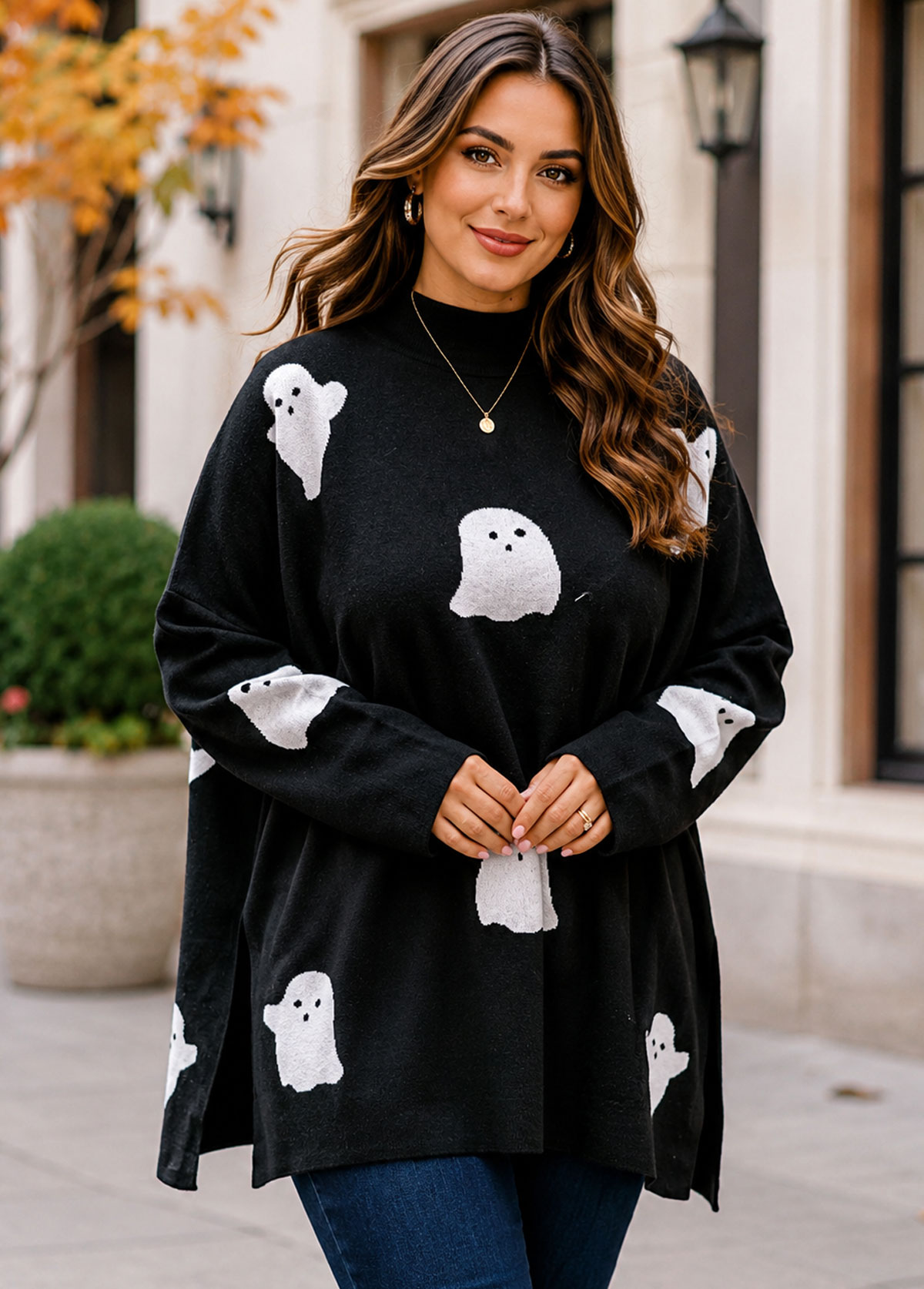 Cute Ghost Pattern Mock Neck Oversized Knit Sweater