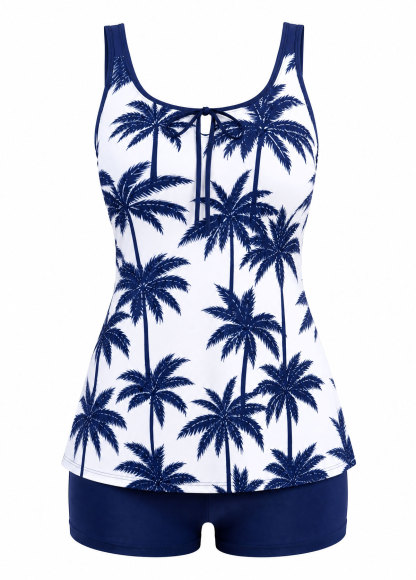 Adjustable Strap Tie Front Palm Print Skirted Tankini Set