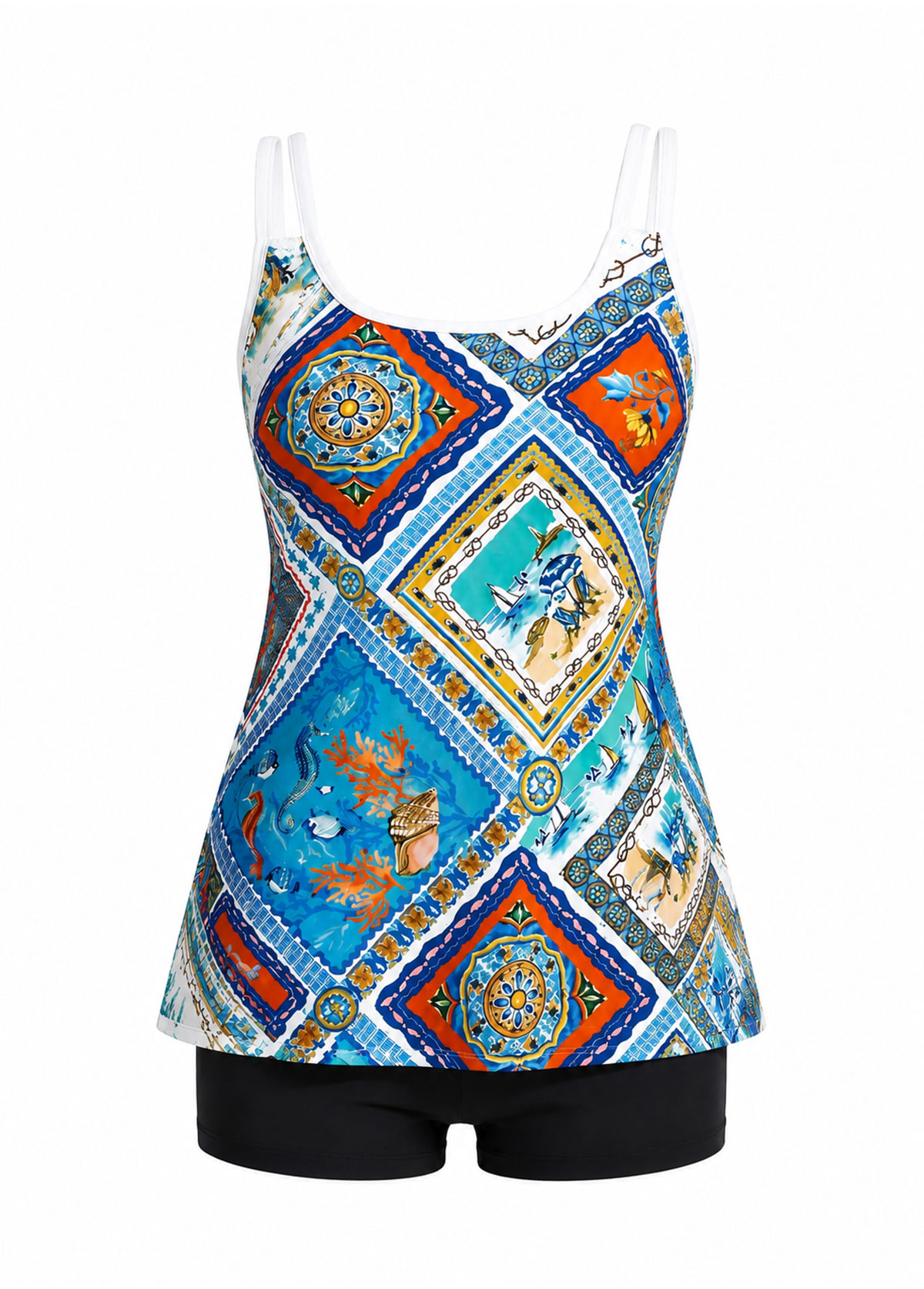 Ocean Tile Print Tummy Coverage Double Strap Tankini Set