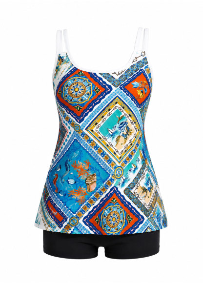 Ocean Tile Print Tummy Coverage Double Strap Tankini Set