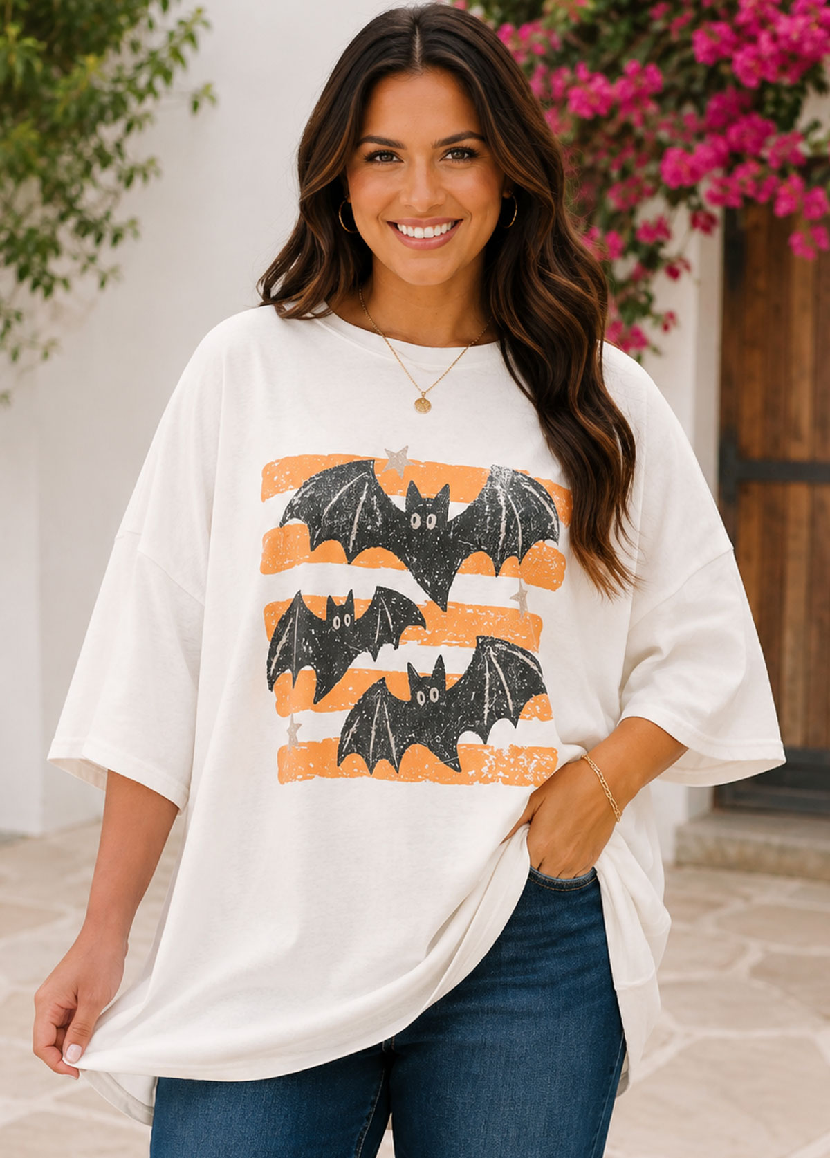 Vintage Bat Striped Graphic Oversized Short Sleeve T‑Shirt