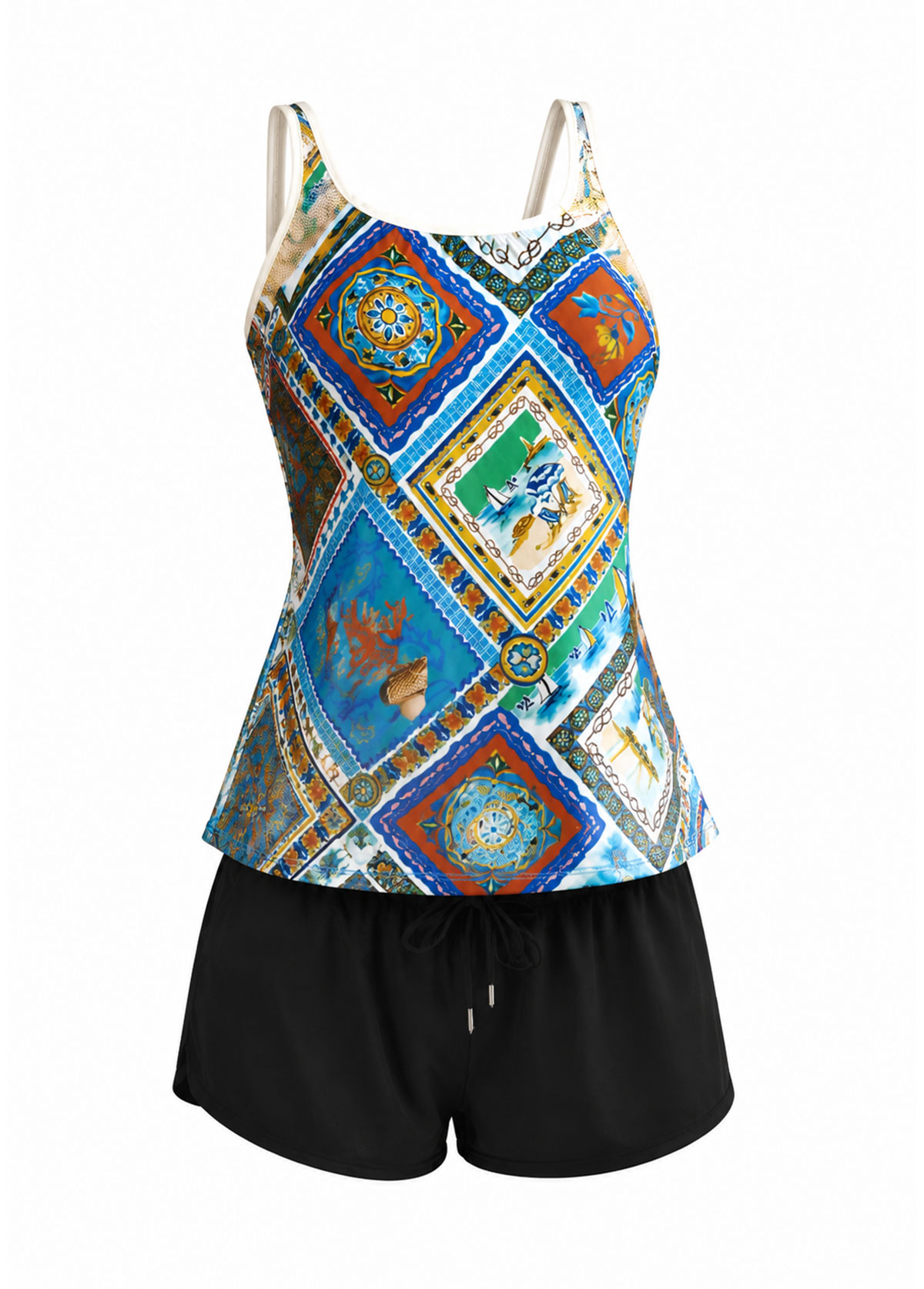Mediterranean Tile Print Mesh Tankini Set