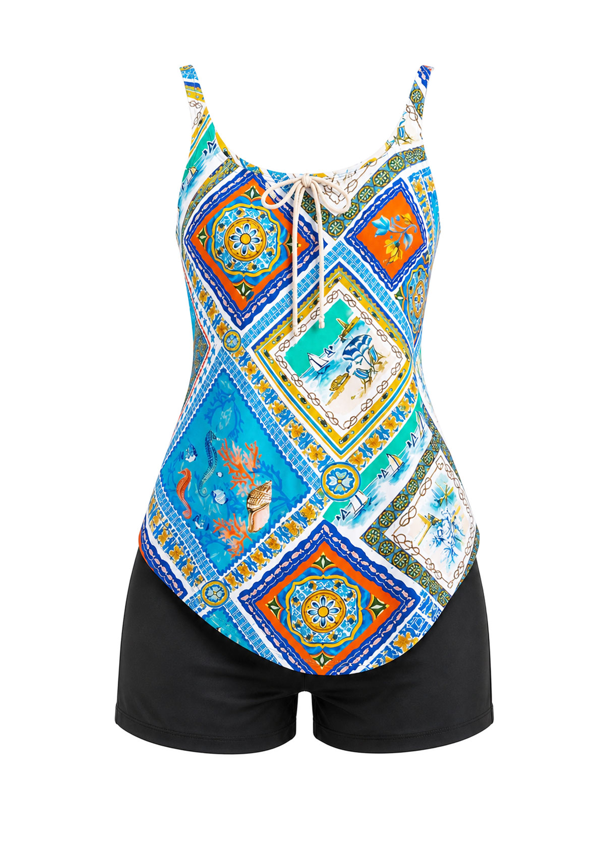 Mediterranean Tile Tie Front Tummy Coverage Tankini Set