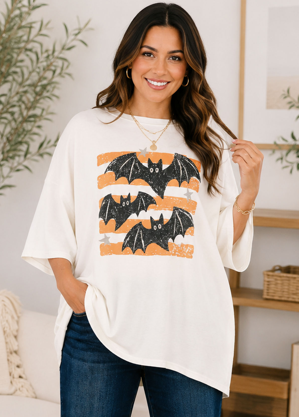 Vintage Bat Striped Graphic Oversized Short Sleeve T‑Shirt