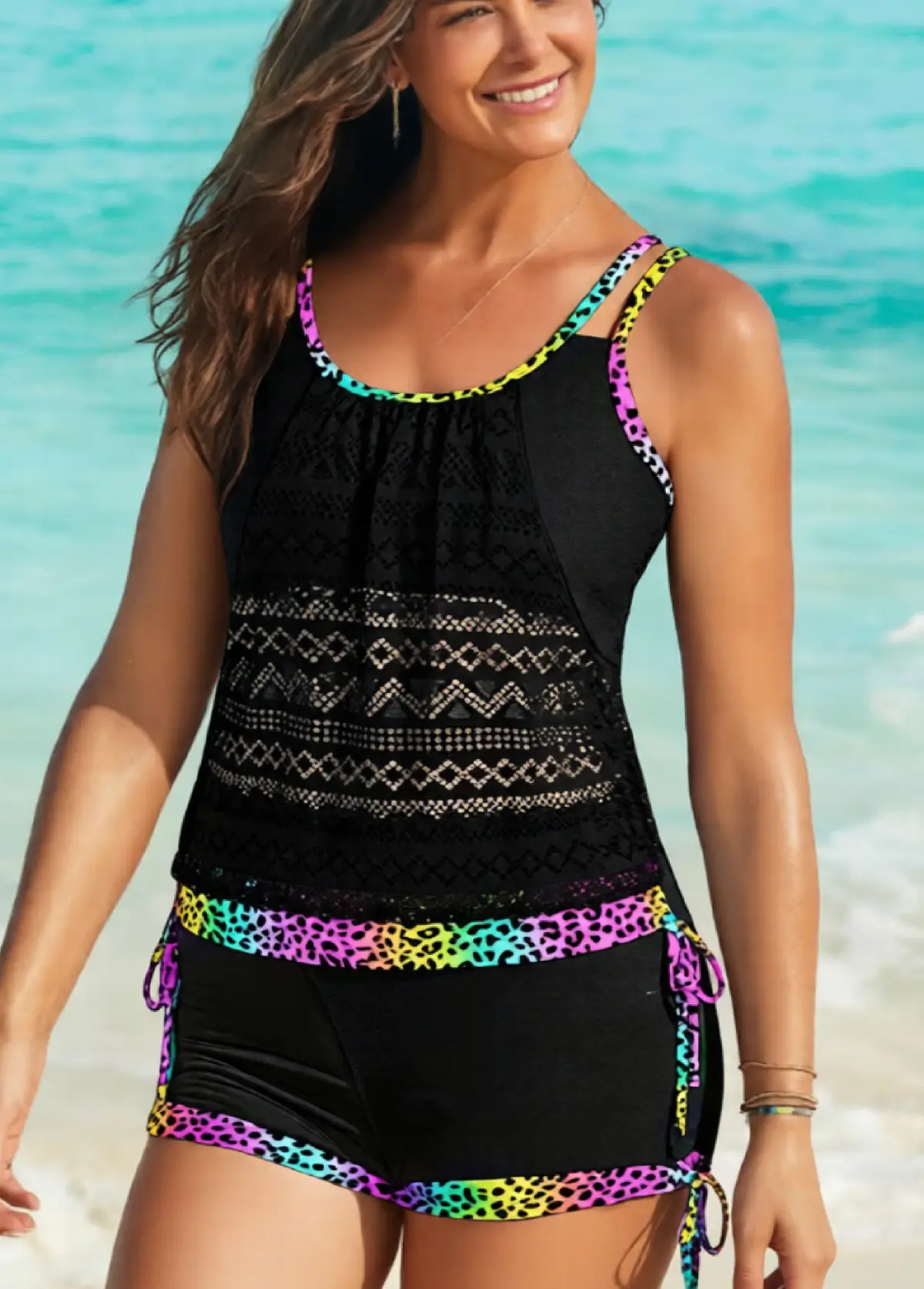 Lace Mid Waisted Printed Tankini Set