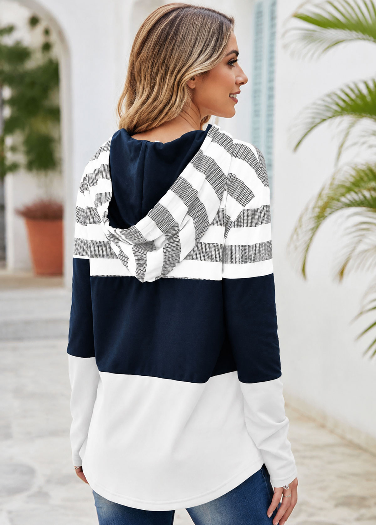 Striped Color Block Long Sleeve Hooded Tunic Top