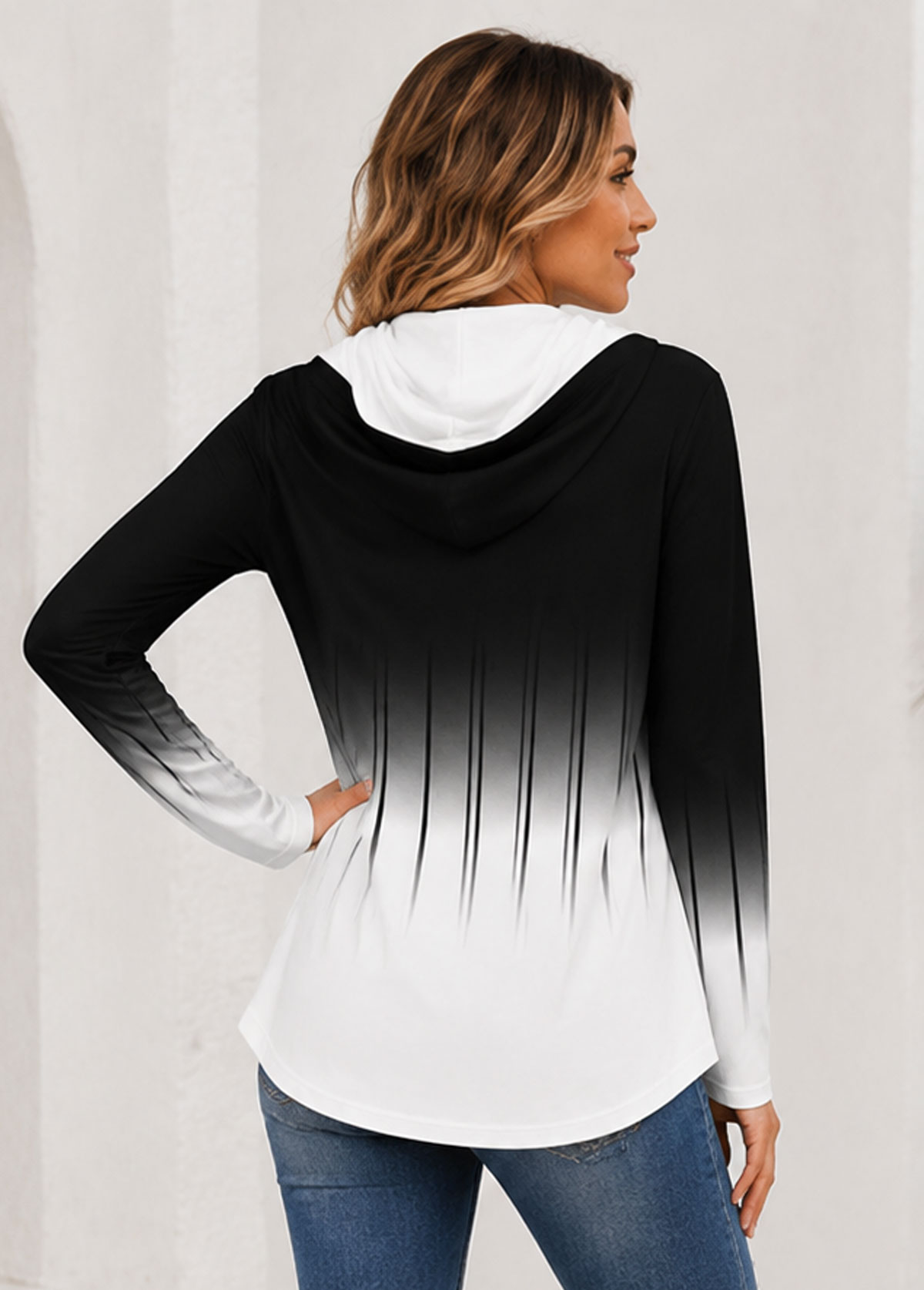 Ombre Gradient Long Sleeve Cowl Neck Hooded Tunic Top