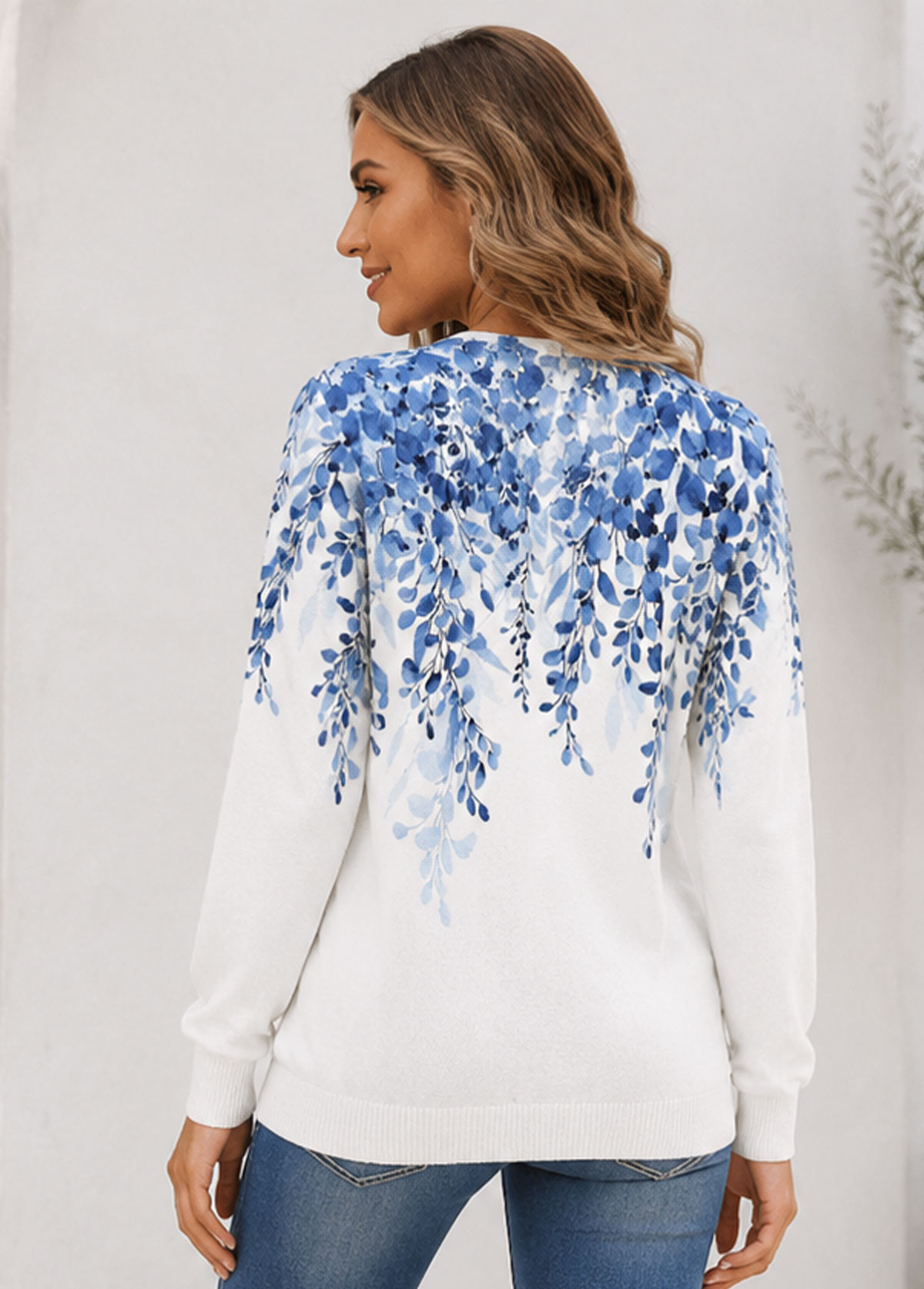 Blue Floral Print V Neck Long Sleeve Knit Sweater