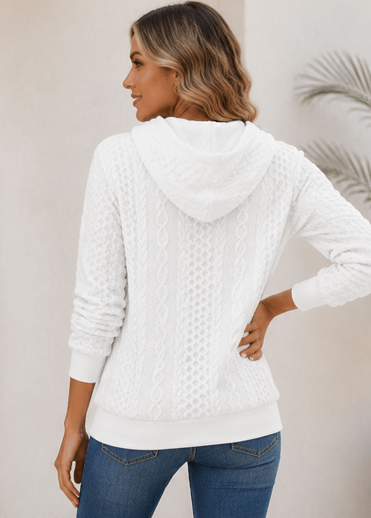 Cable Knit Textured Drawstring Hooded Sweatshirt