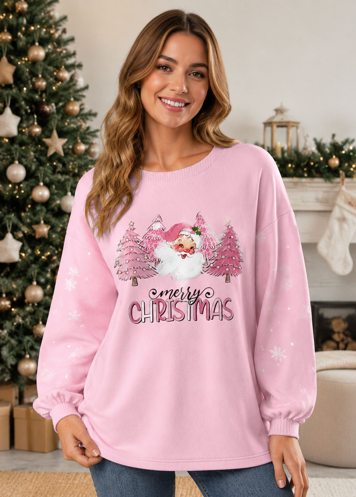 Pink Santa Christmas Print Long Sleeve Sweatshirt