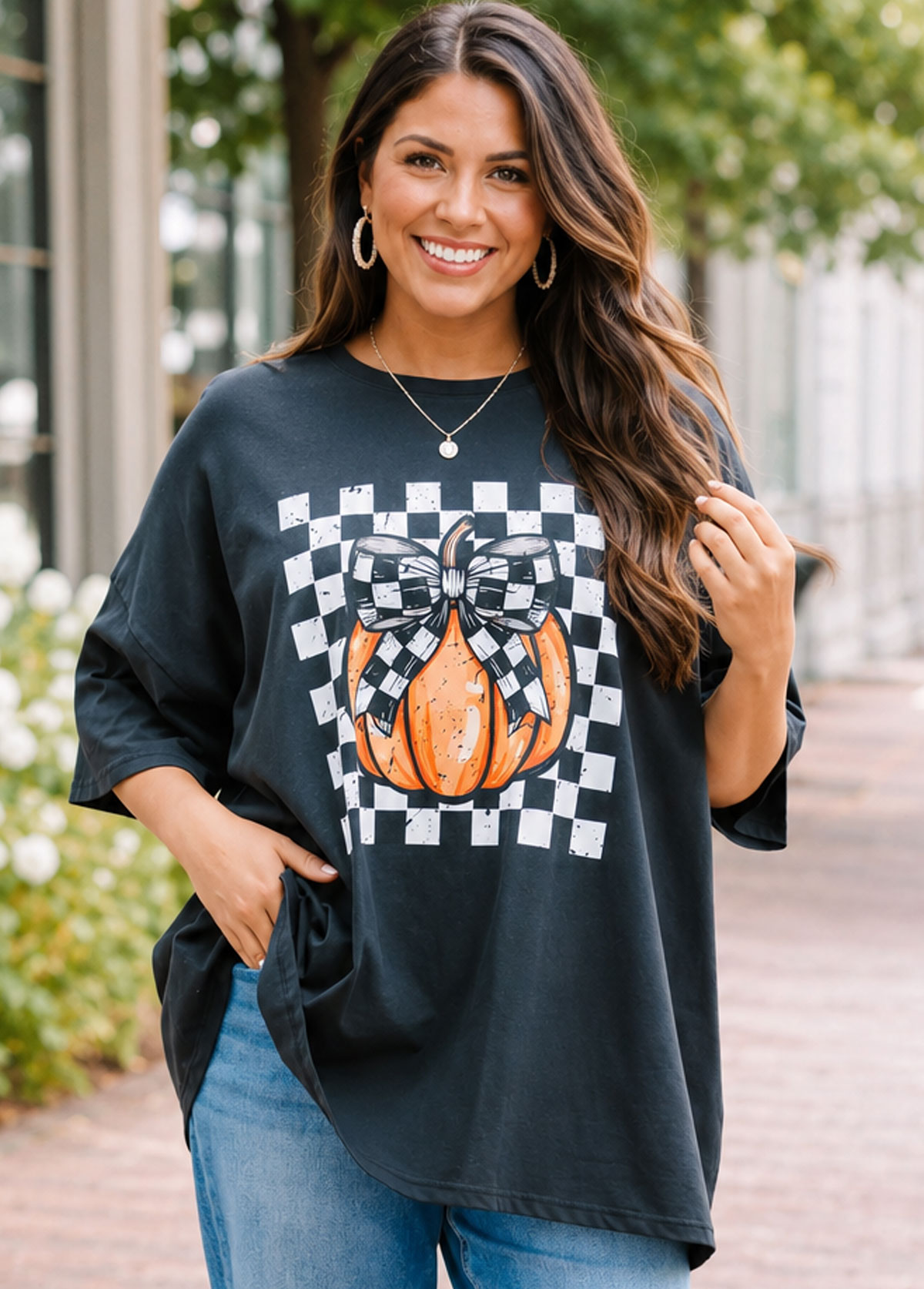 Checkered Bow Pumpkin Graphic Oversized Short Sleeve T‑Shirt