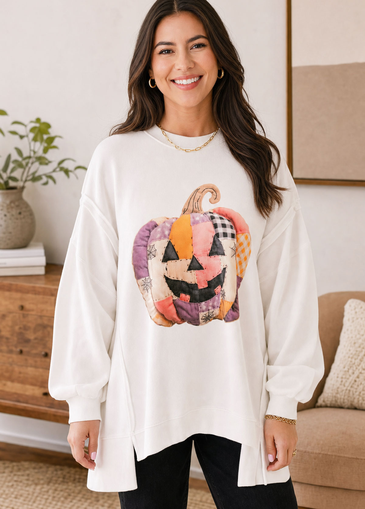 Patchwork Jack‑o‑Lantern Graphic Oversized Side Slit Sweatshirt