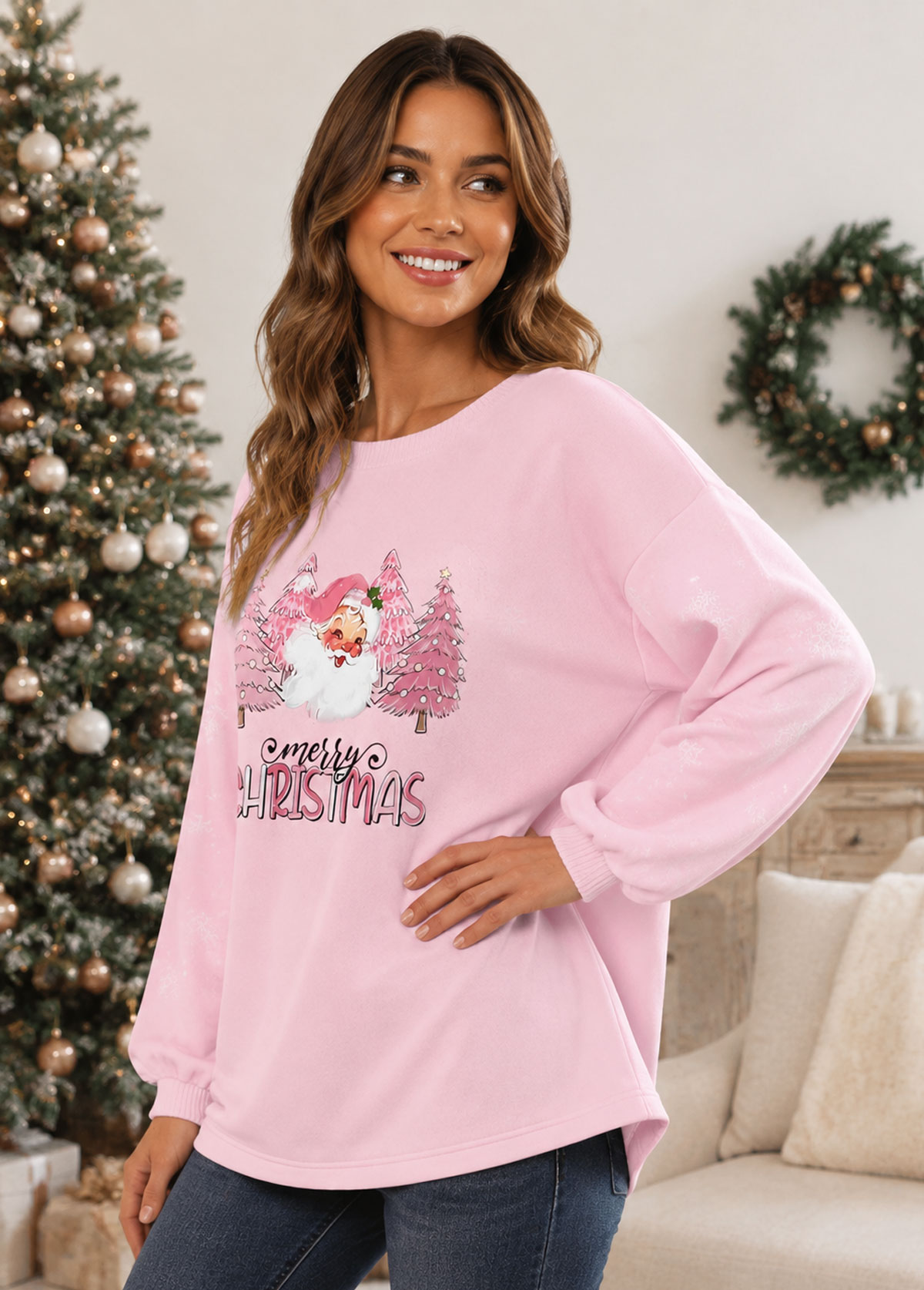 Pink Santa Christmas Print Long Sleeve Sweatshirt