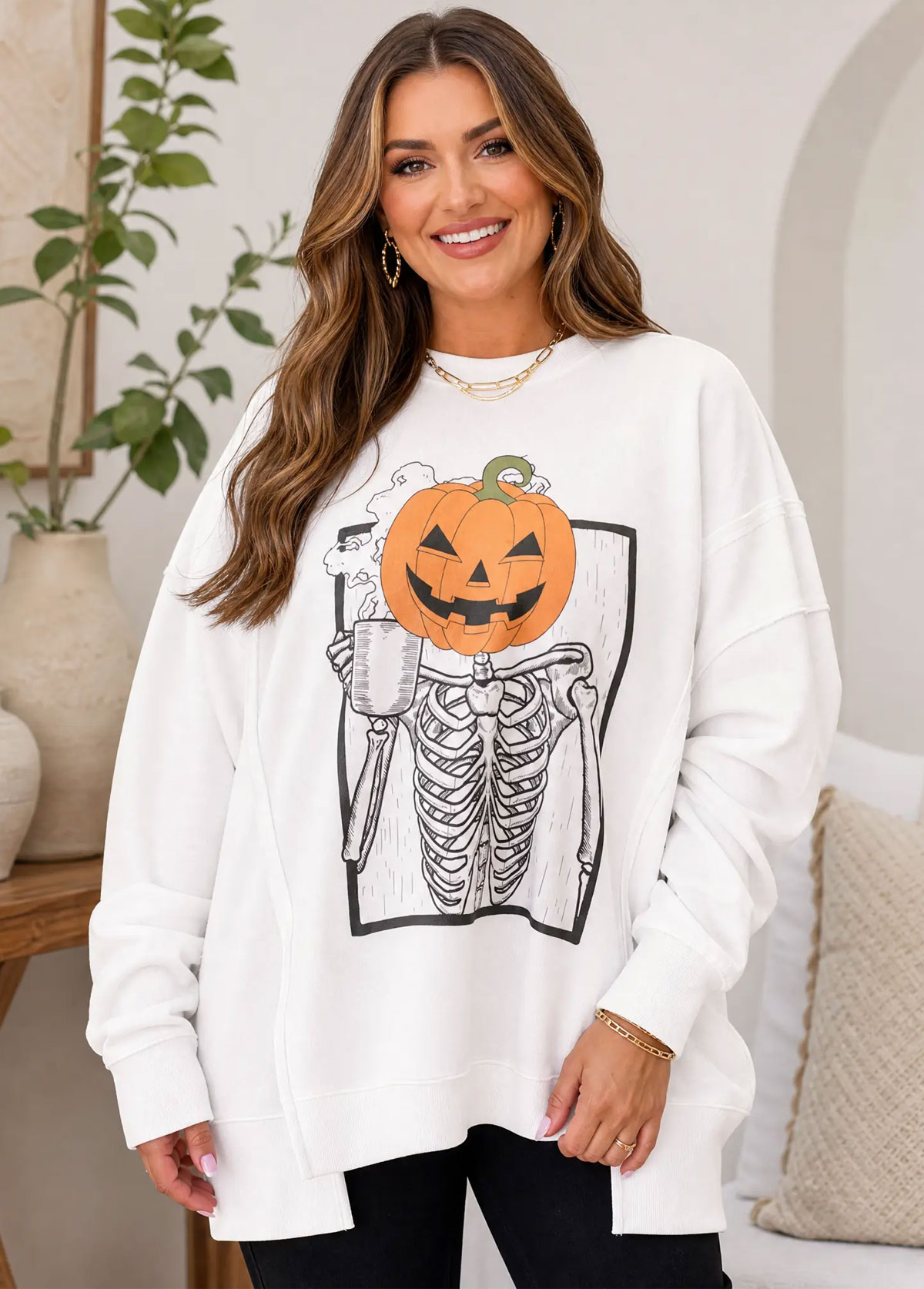 Skeleton Coffee Cup Jack‑o‑Lantern Graphic Oversized Side Slit Sweatshirt