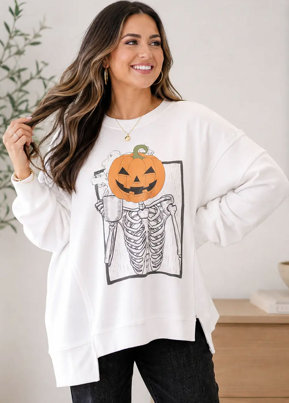 Skeleton Coffee Cup Jack‑o‑Lantern Graphic Oversized Side Slit Sweatshirt