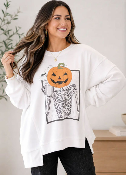 Skeleton Coffee Cup Jack‑o‑Lantern Graphic Oversized Side Slit Sweatshirt