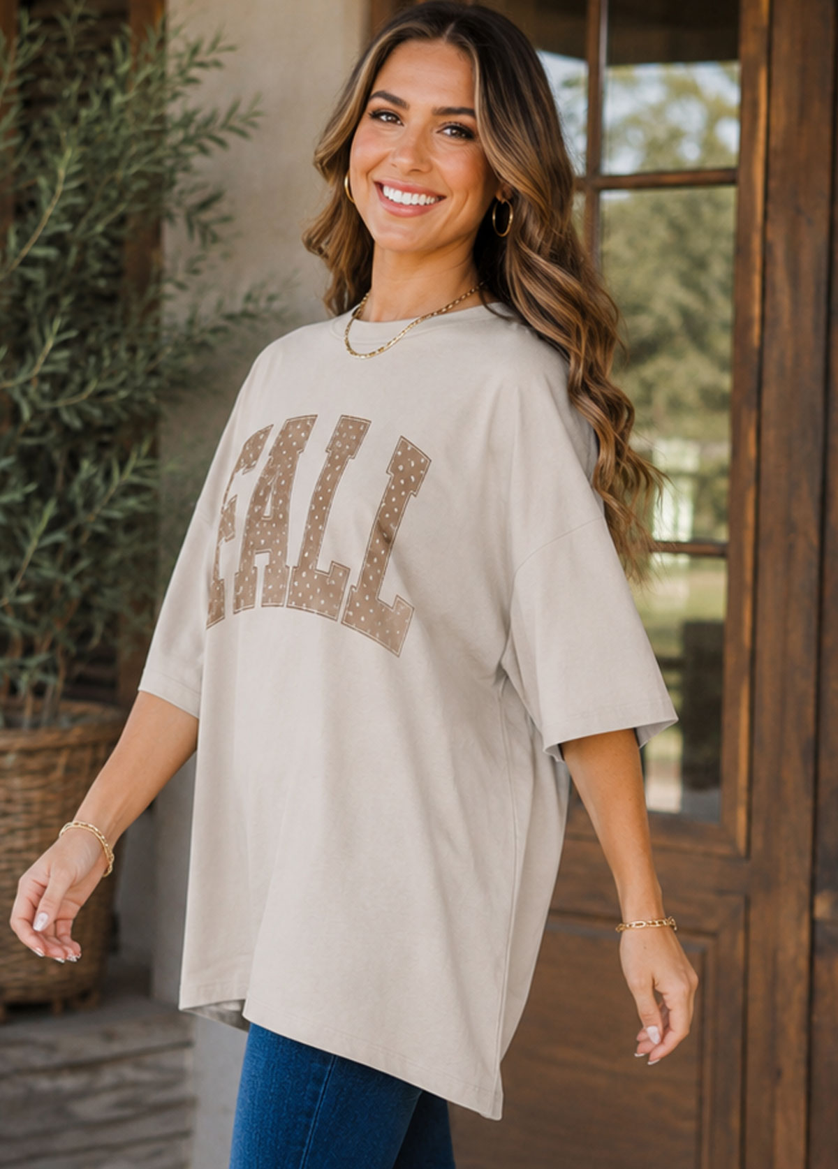 Women Fall Polka Dot Block Letter Oversized T-Shirt