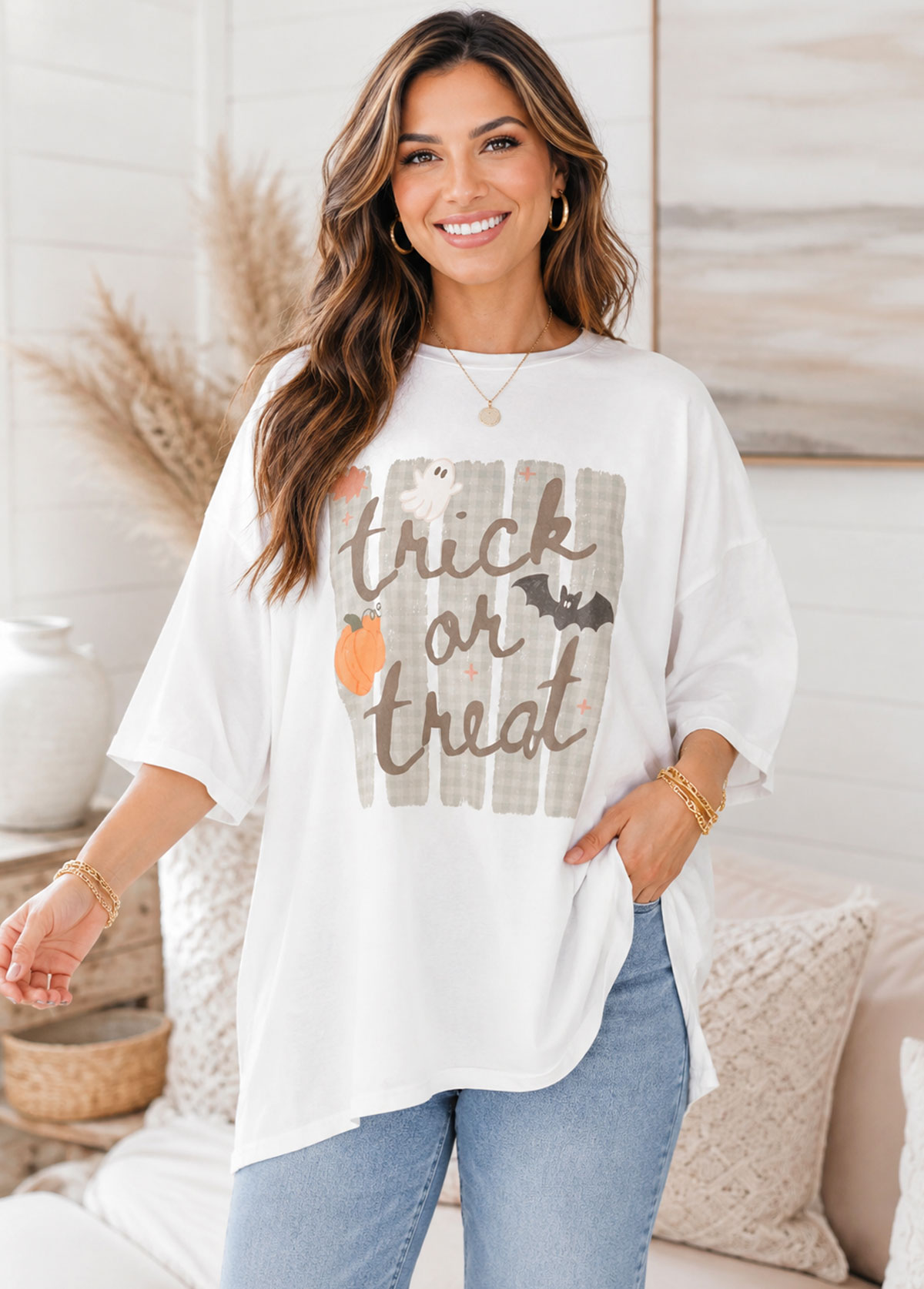 Women Halloween Trick or Treat Plaid Graphic Oversized T-Shirt