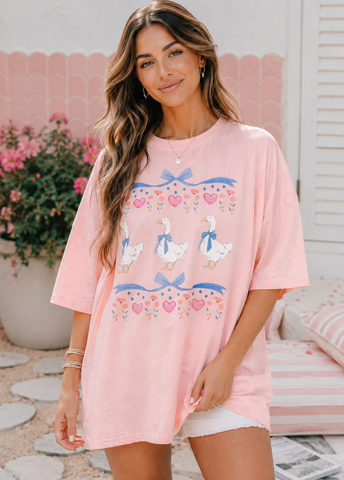 Women Coquette Goose Bow Oversized T-Shirt