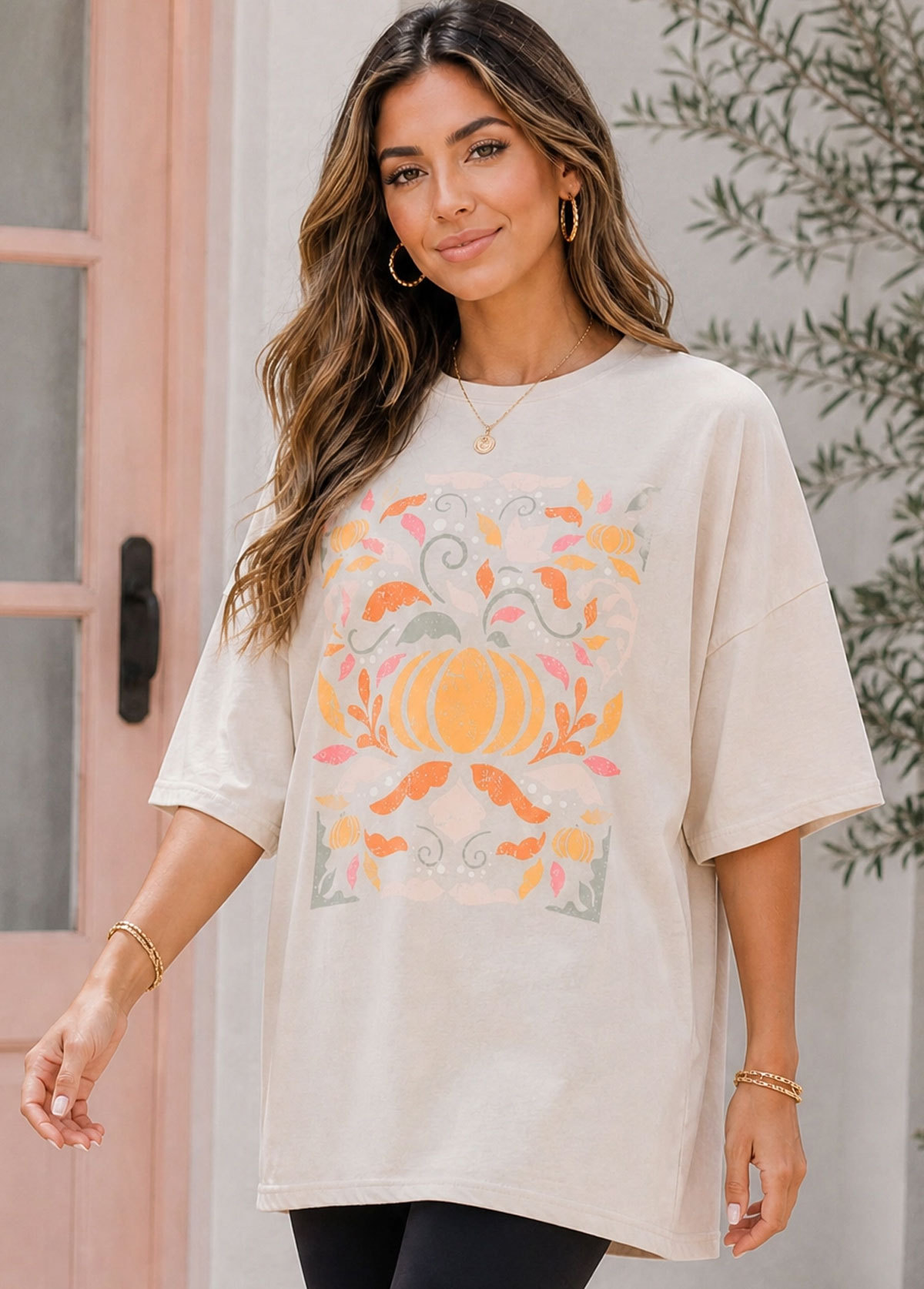 Women Fall Pumpkin Graphic Oversized T-Shirt