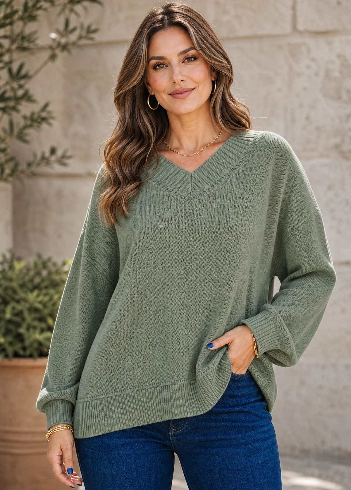 Women V-Neck Ribbed Trim Oversized Pullover Knit Sweater