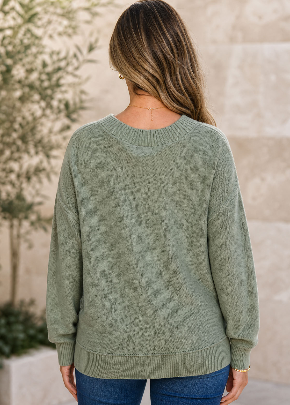 Women V-Neck Ribbed Trim Oversized Pullover Knit Sweater