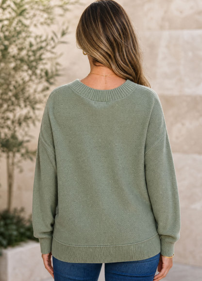 Women V-Neck Ribbed Trim Oversized Pullover Knit Sweater