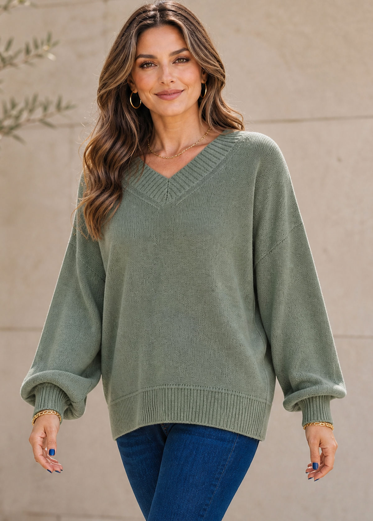 Women V-Neck Ribbed Trim Oversized Pullover Knit Sweater