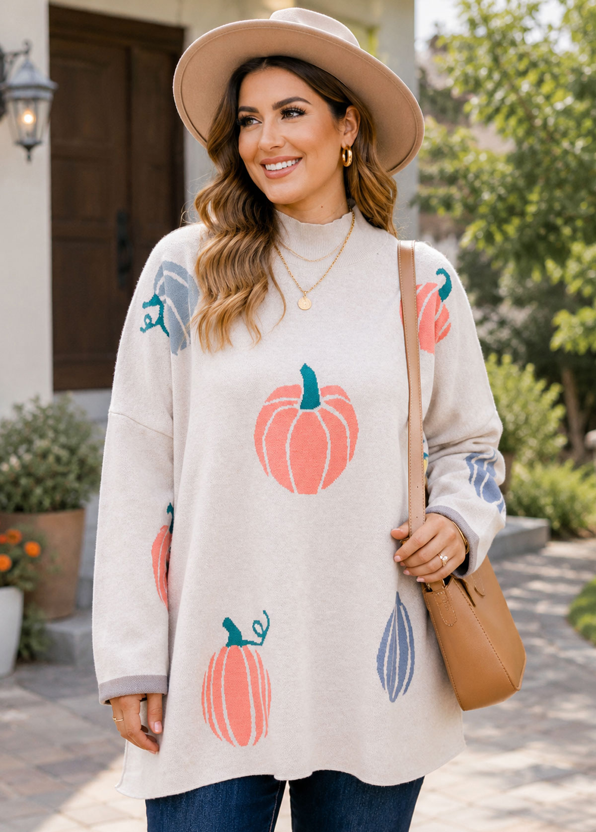 Colorful Pumpkin Print Mock Neck Oversized Knit Sweater