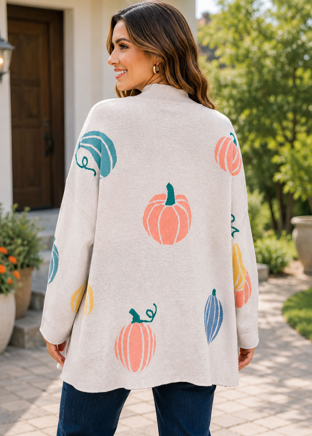 Colorful Pumpkin Print Mock Neck Oversized Knit Sweater