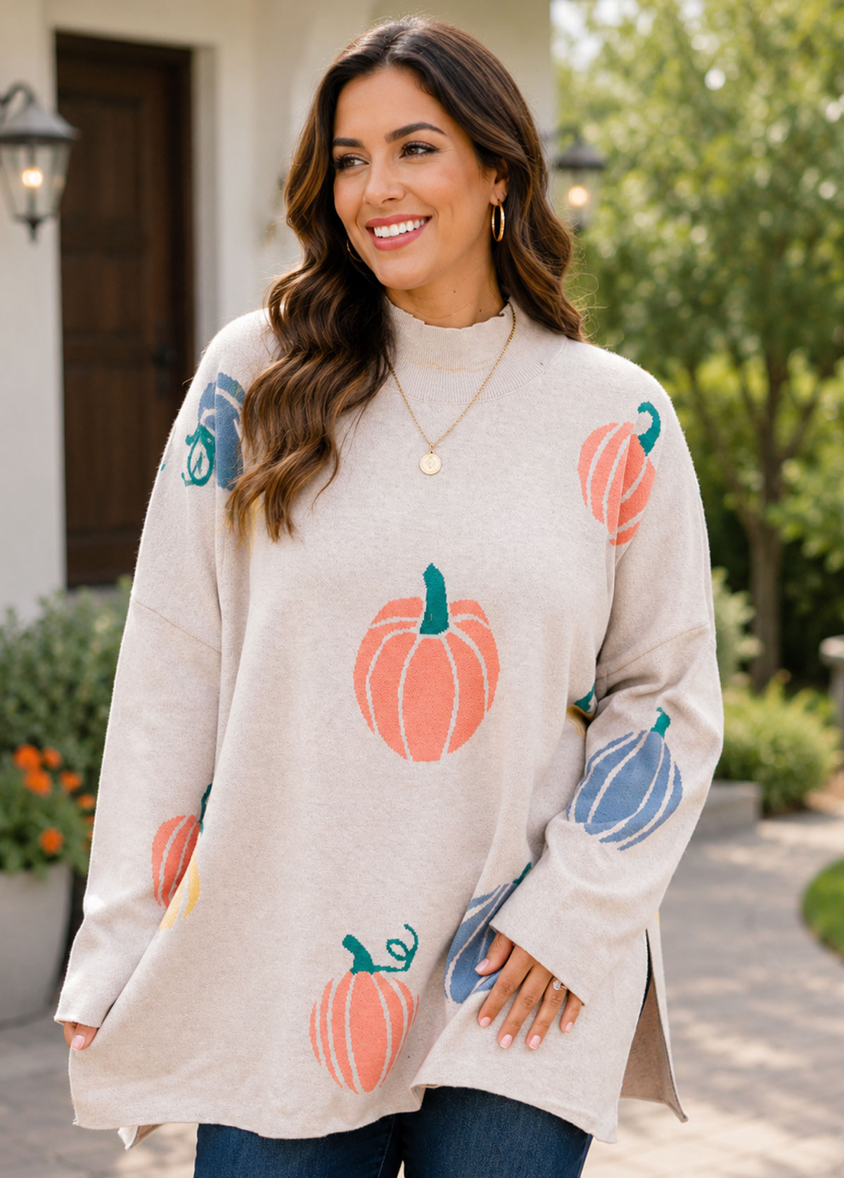 Colorful Pumpkin Print Mock Neck Oversized Knit Sweater