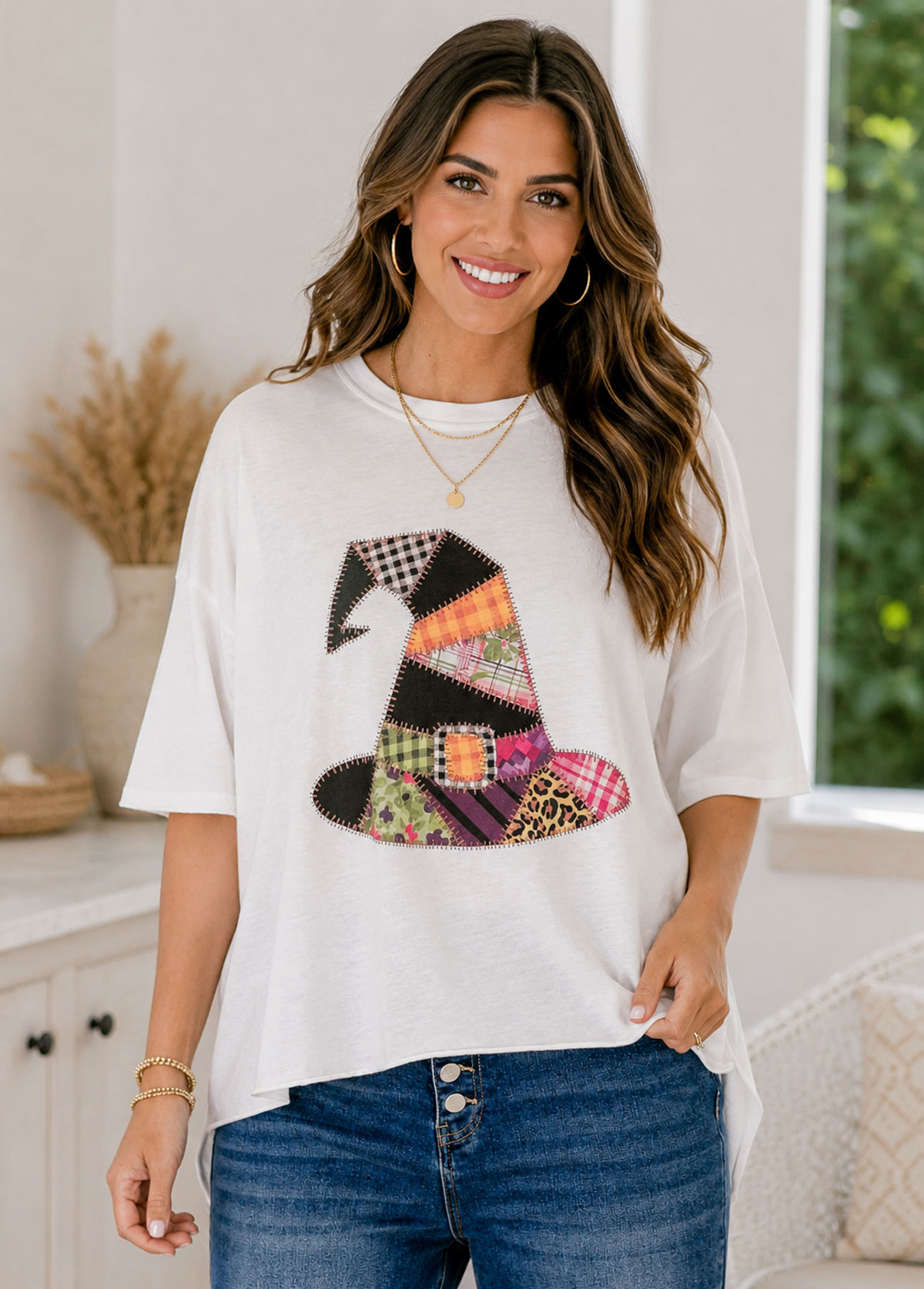 Patchwork Witch Hat Graphic Crew Neck Oversized Short Sleeve T-Shirt