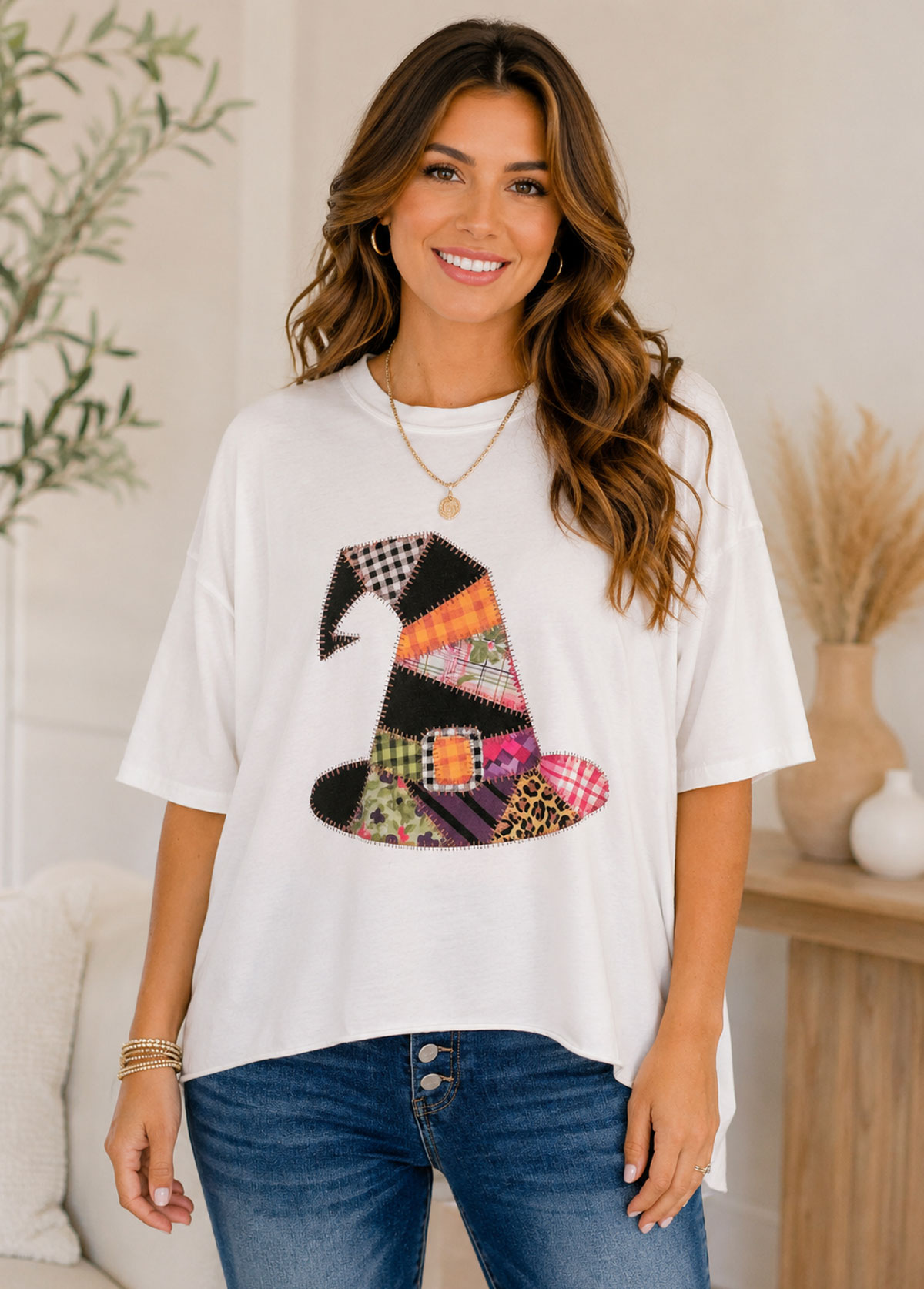Patchwork Witch Hat Graphic Crew Neck Oversized Short Sleeve T-Shirt