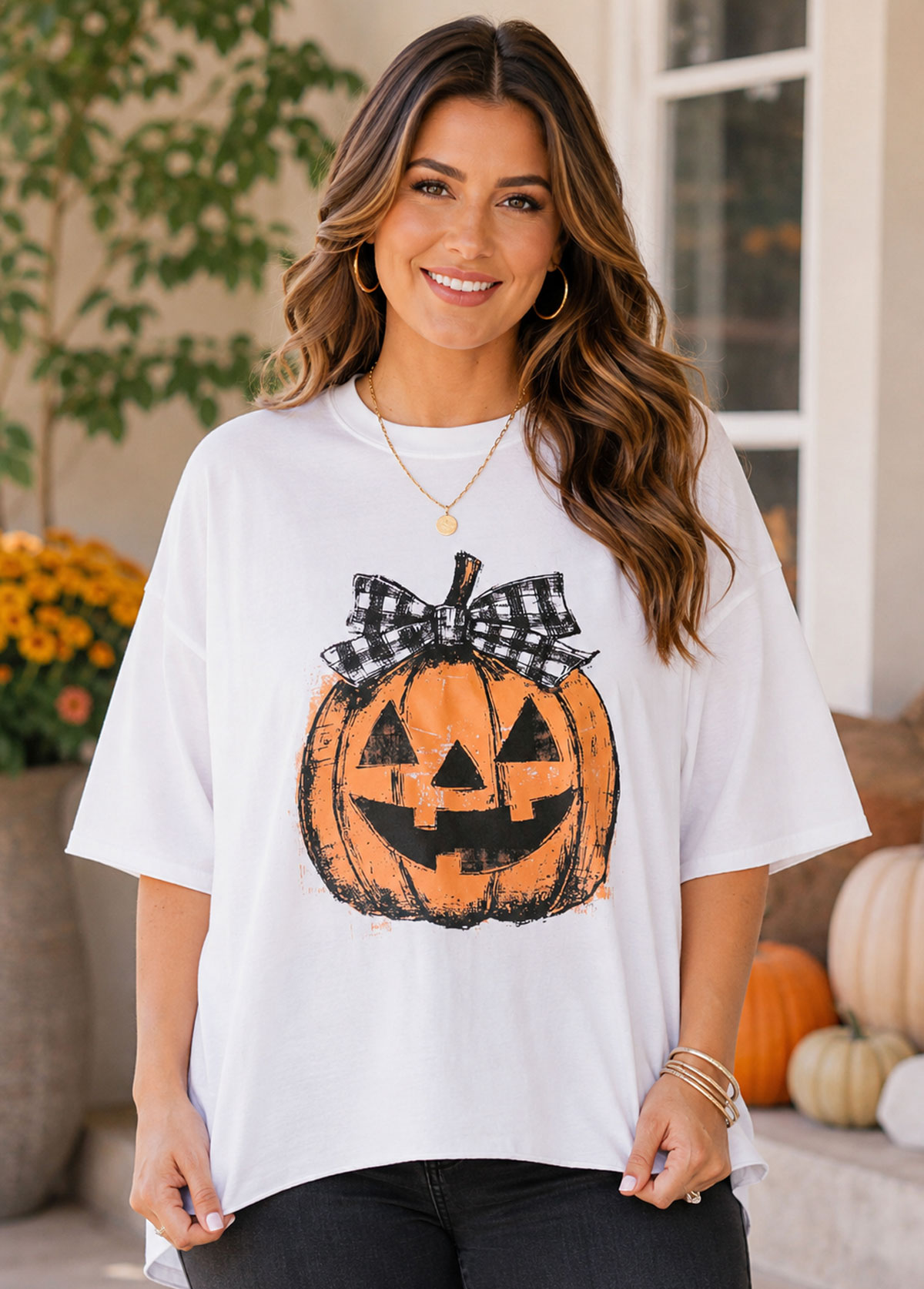 Plaid Bow Jack-O'-Lantern Graphic Crew Neck Oversized T-Shirt
