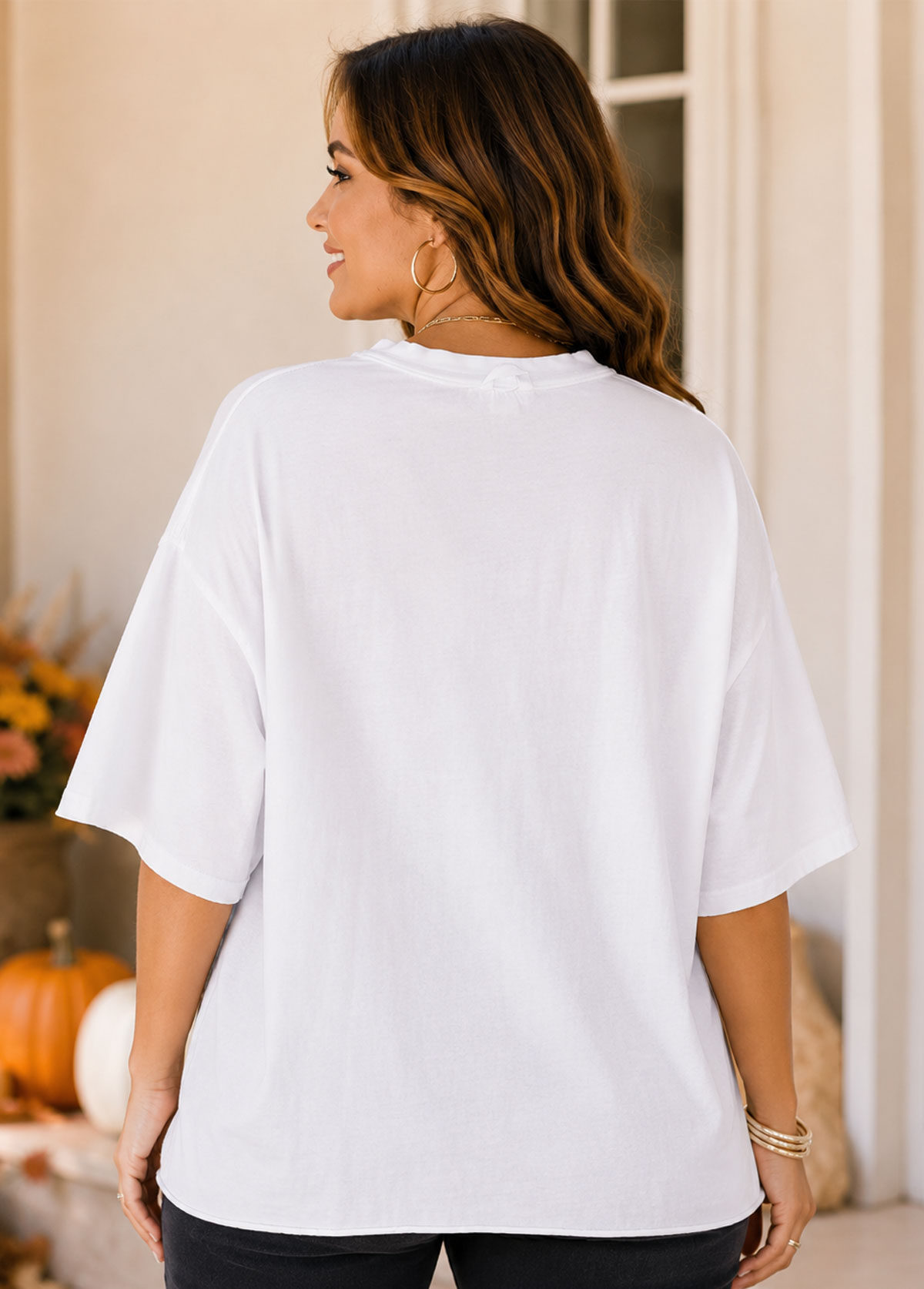 Plaid Bow Jack-O'-Lantern Graphic Crew Neck Oversized T-Shirt