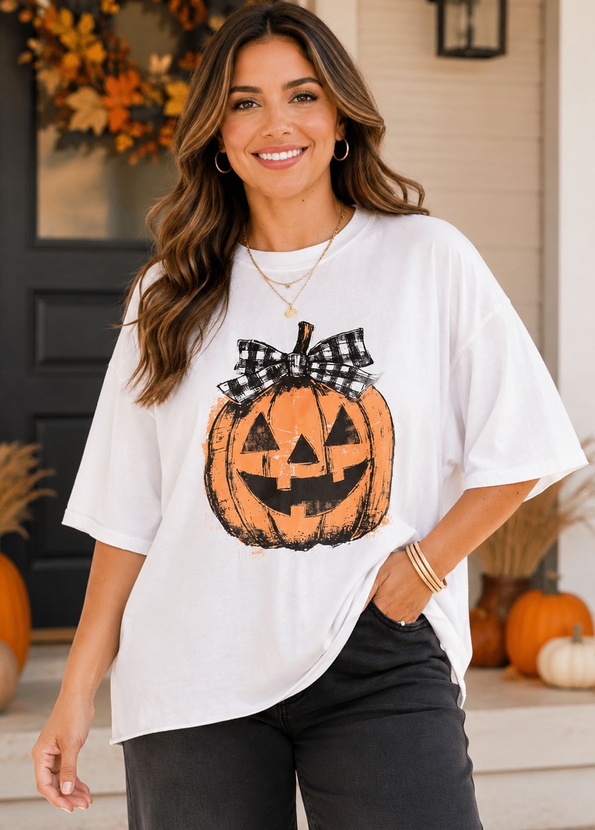 Plaid Bow Jack-O'-Lantern Graphic Crew Neck Oversized T-Shirt