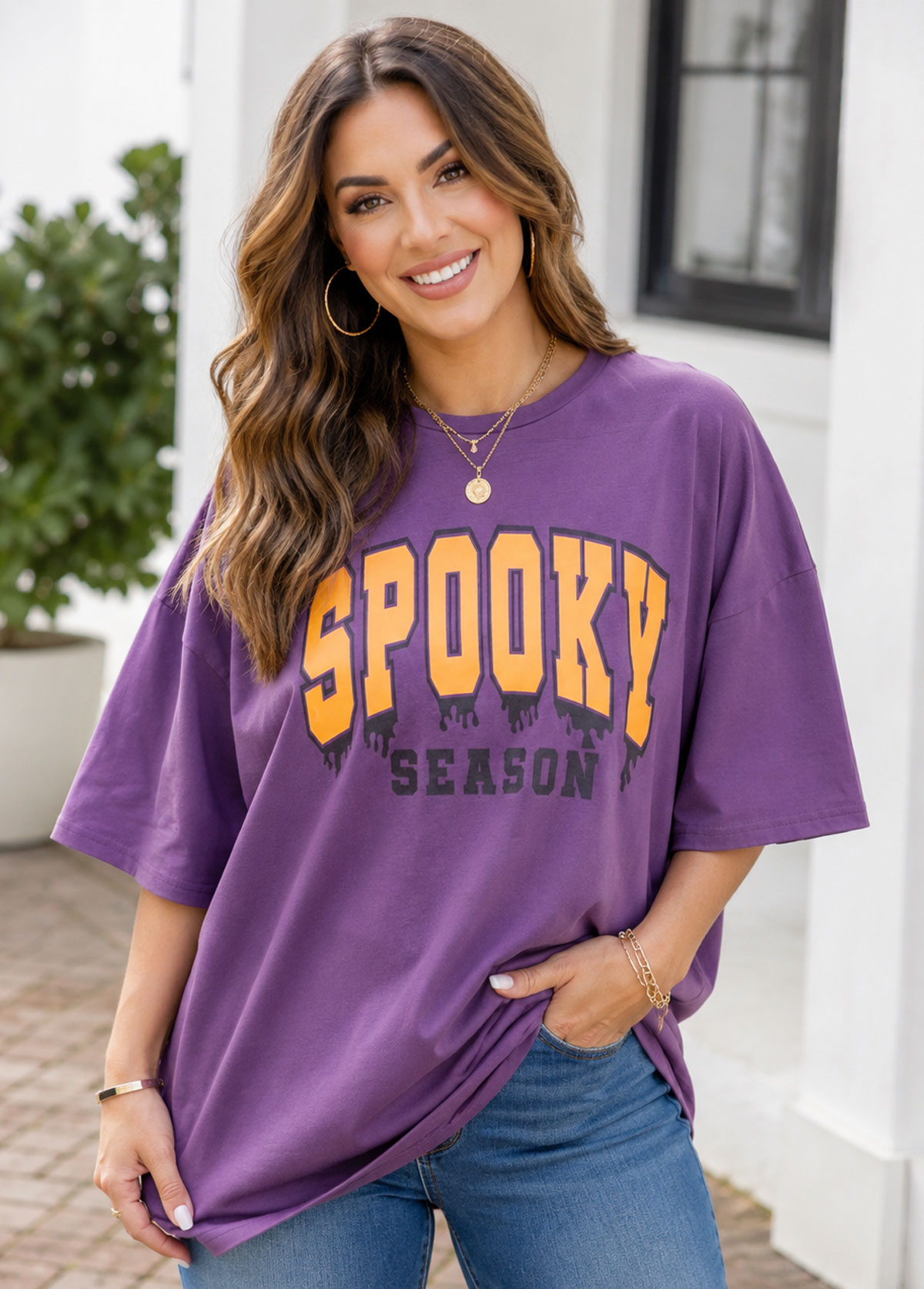 "Spooky Season" Letter Graphic Crew Neck Oversized Short Sleeve T-Shirt
