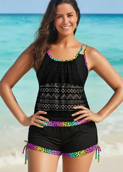 Lace Mid Waisted Printed Tankini Set