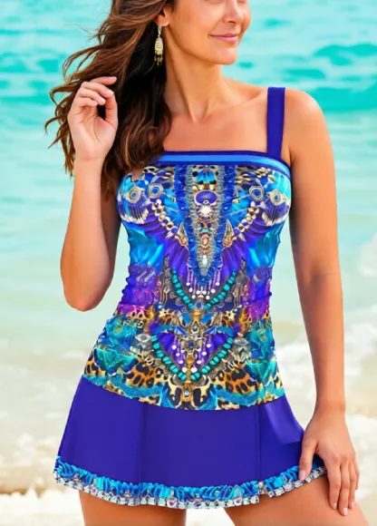 High Waisted Tribal Print Purplish Blue Tankini Set