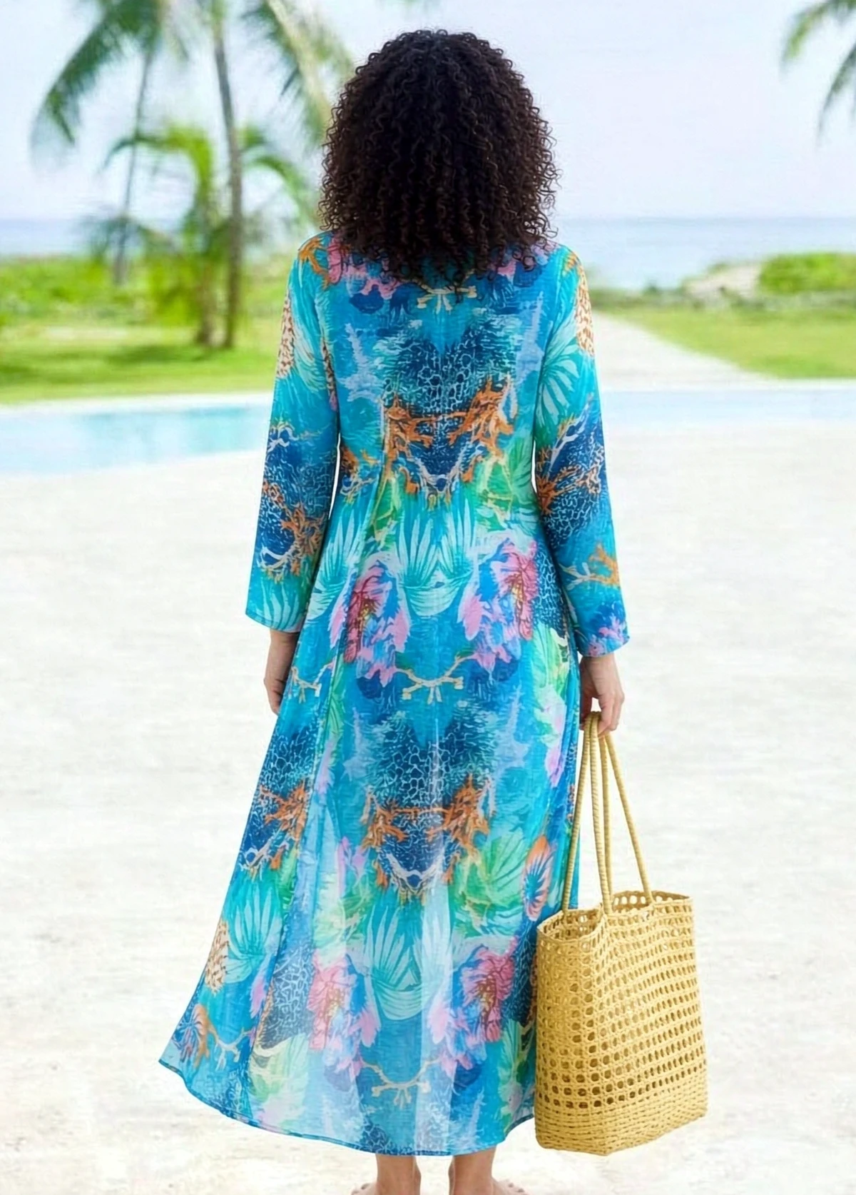  Tropical Floral Print Long Kimono Beach Cover Up