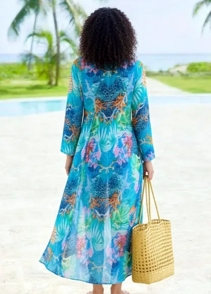  Tropical Floral Print Long Kimono Beach Cover Up