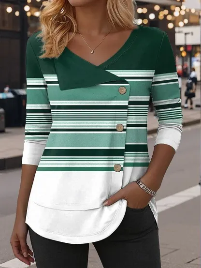 Casual Colorblock V Neck Long Sleeve T-shirt