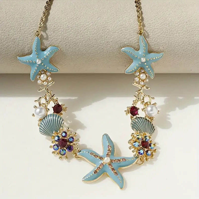 Chic Beach-Inspired Enamel Starfish & Coral Necklace