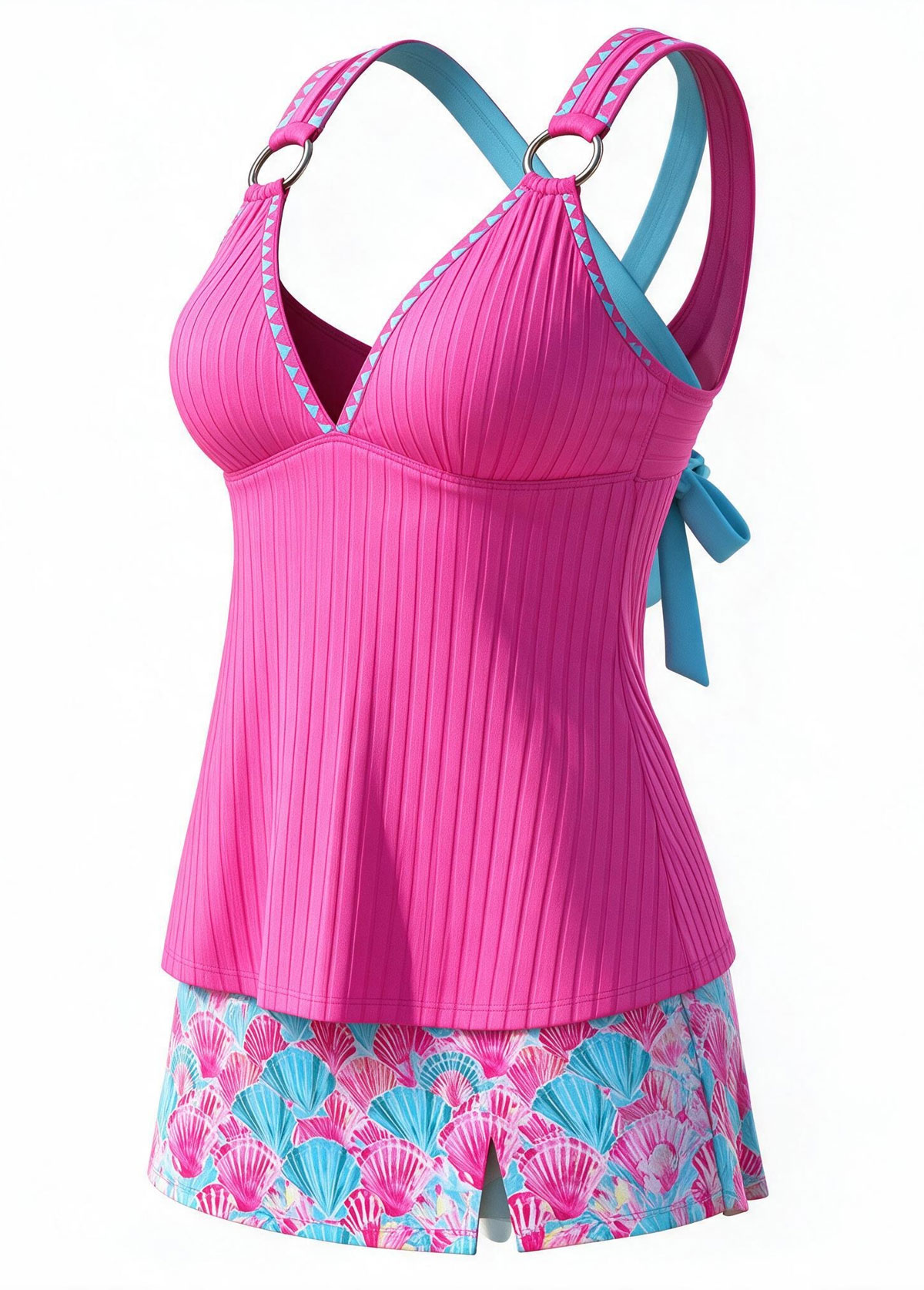 Hot Pink Ring Strap V Neck Shell Print Skirted Tankini Set