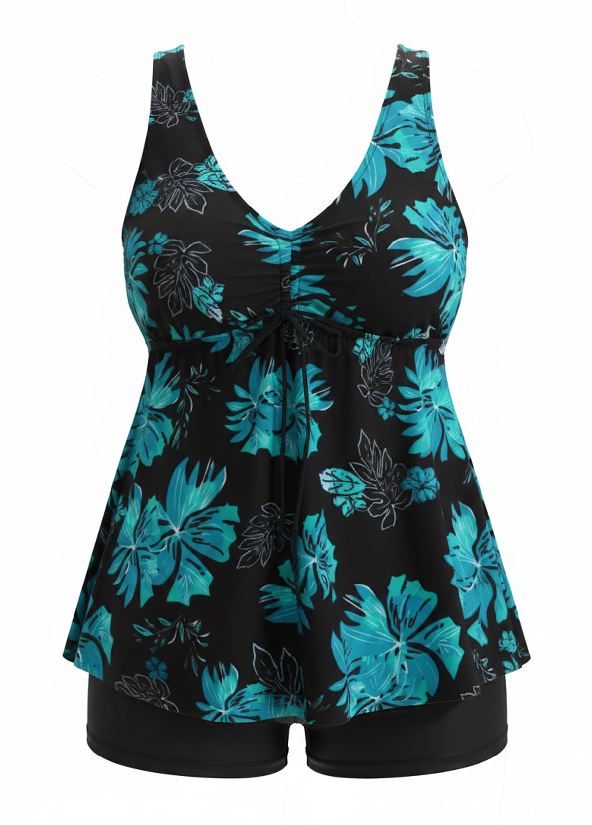 Tropical Leaf Print Drawstring V Neck Tankini Short Set