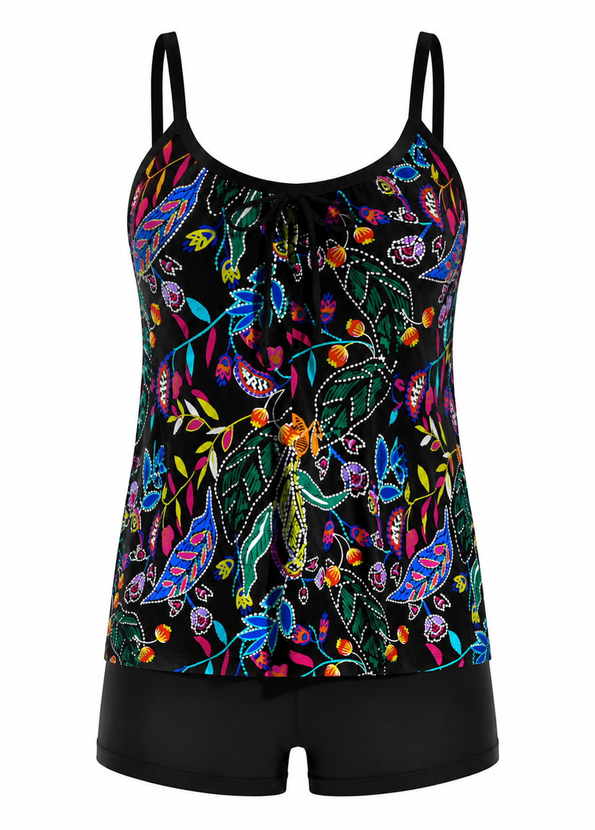 Black Colorful Floral Adjustable Strap V Neck Tummy Coverage Tankini Set